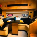 Comfortable indoor dining area on the 36 ft Oryx yacht for private Dubai yacht rentals