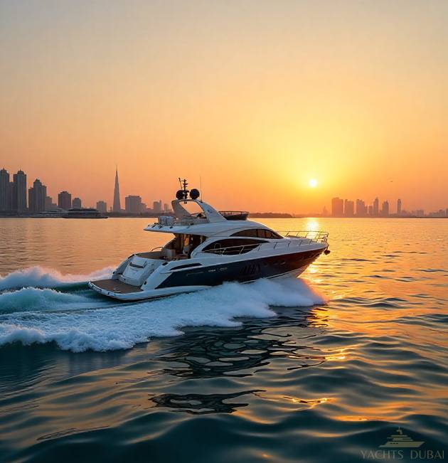 a yacht in the sunset representing the best time to visit Dubai for water activities.