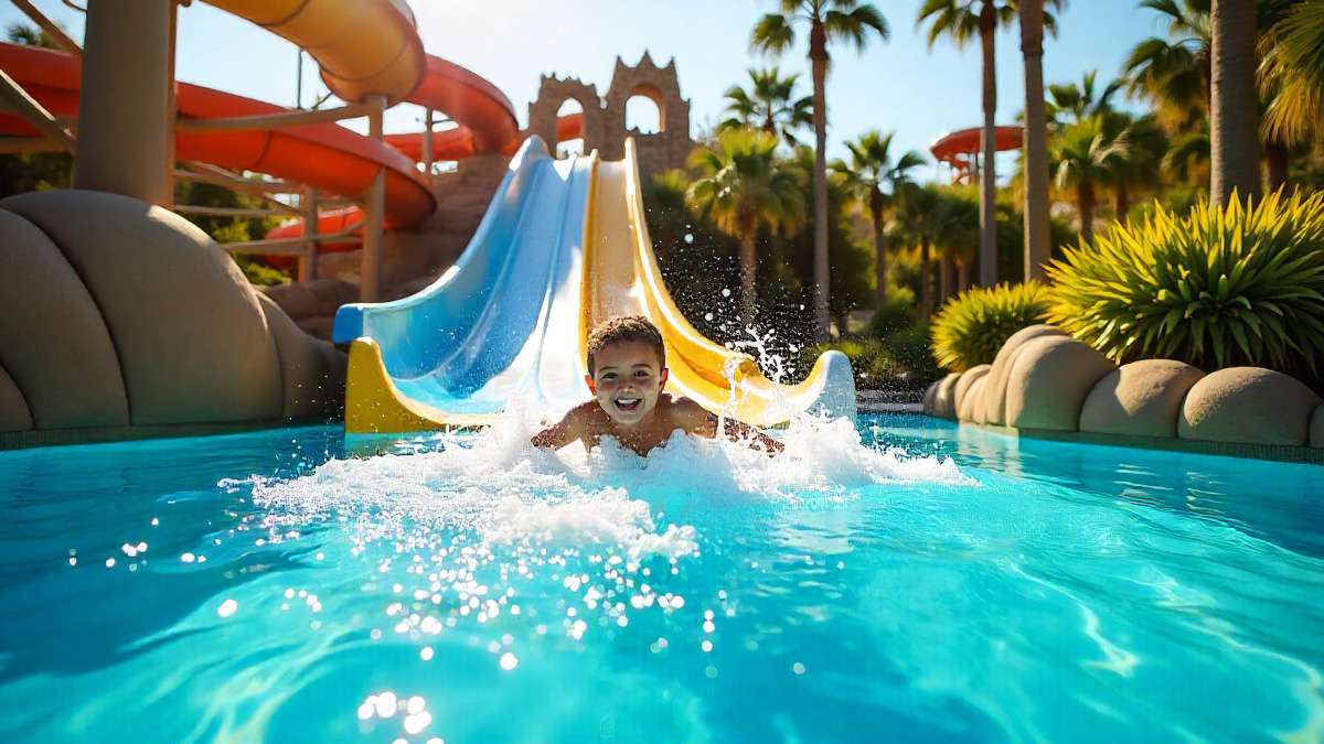 A baby boy having fun at Dubai enjoying water games.
