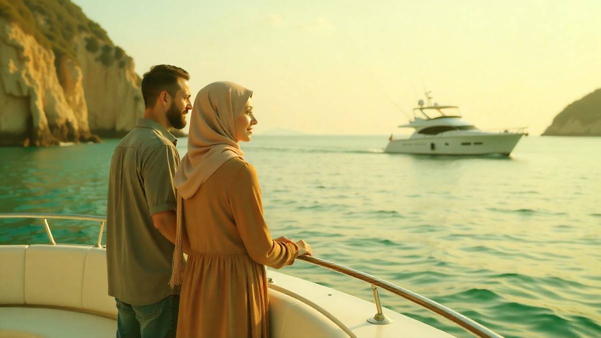A Muslim couple enjoying their first time cruise on a private yacht in dubai marina