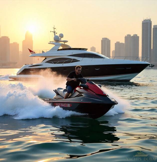 The Ideal Season for Water Sports in Dubai - Jet Ski Image with a yacht in the background
