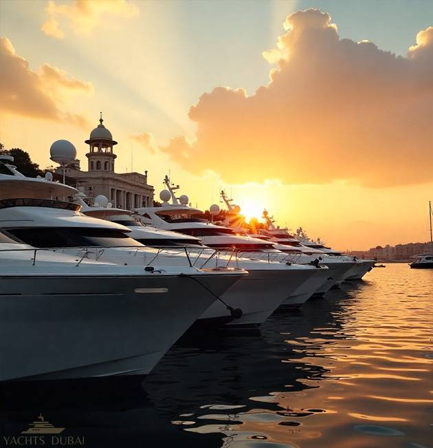 Dubai Marina yachts in sunset view