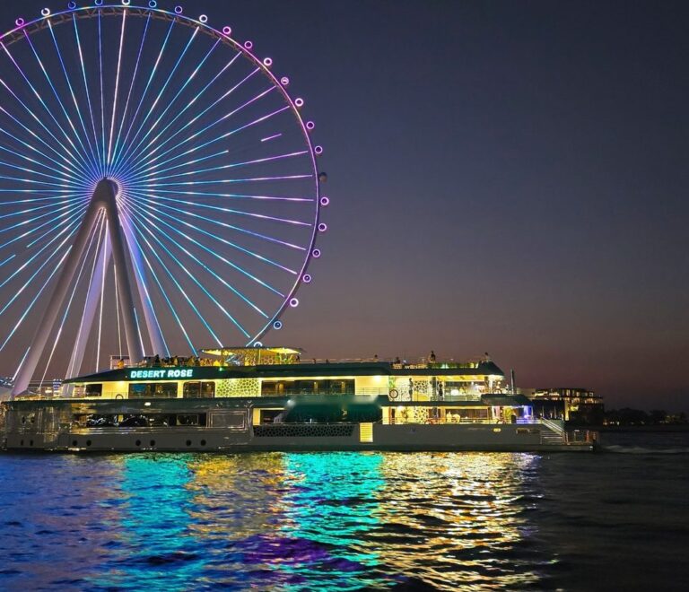 Desert Rose event yacht Dubai, yacht lit up at night